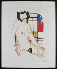 T. Wesselman, Naakte vrouw met Mondriaan achtergrond, Lithografie op papier