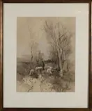 J.J. Garjeanne, Landschap met schaapsherder en schapen, Gemengde techniek op papier