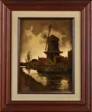 J. van Dijk, Dorpsgezicht bij avond met windmolen