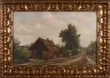 Piet Kleinschmit, Landschap met vakwerkhuis, Olieverf op paneel