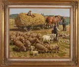 Jo Strahn, Duits landschap met boeren en vee, Olieverf op linnen