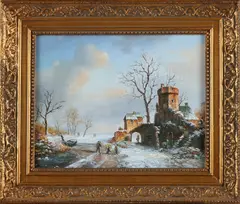 S. Bowe, Wintergezicht met ruïne, Olieverf op paneel
