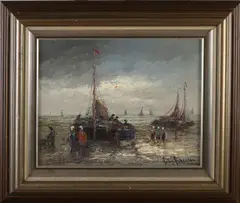 Peter Brouwer, Bomschuiten op het strand, Olieverf op linnen