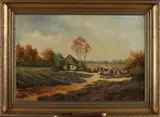 Schapen op de heide by Landschap met boerderij en schapen.J.Temmer, Olieverf op paneel, sold Jan 2021