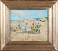 P. Renard, Dames op strand, Olieverf op paneel