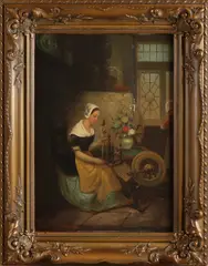 Van Gelderen Fecit, Interieur met handwerkende vrouw, Olieverf op paneel