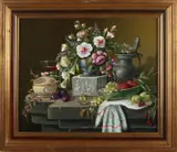 Thomas Heesakkers, Stilleven met tin, bloemen, porselein., Olieverf op paneel