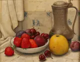 Jan Strube, Stilleven met tinnen kan en fruit, 1961, Olieverf op linnen