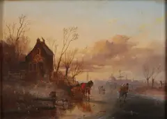 J.E. Morel Fecit, Hollands ijsgezicht, Amsterdam? Olieverf op paneel