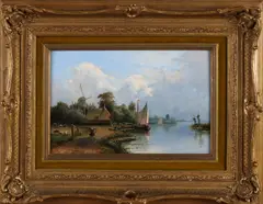Johannes Joseph Destrée, Zomers Hollands riviergezicht met boten, vee en figuren, Olieverf op paneel