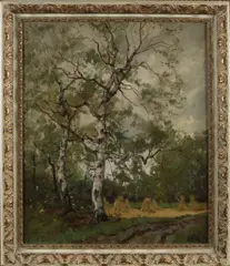 Arnold Marc Gorter, Landschap met korenschoven en berkenboom, Olieverf op linnen