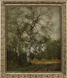 Arnold Marc Gorter, Landschap met korenschoven en berkenboom, Olieverf op linnen
