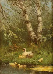 Eendenfamilie langs waterkant by Constant Artz, Olieverf op paneel, sold Oct 2020