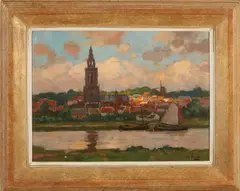 Ben Viegers, Riviergezicht met stad (Rhenen), Olieverf op linnen