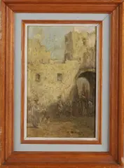 Oriëntaalse stadsingang met figuren by Marius Bauer, Olieverf op paneel, sold Oct 2020