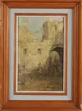 Marius Bauer, Oriëntaalse stadsingang met figuren, Olieverf op paneel