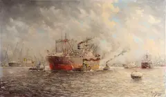 M. de Jong, Rotterdamse haven met vrachtschepen, Olieverf op linnen
