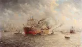 M. de Jong, Rotterdamse haven met vrachtschepen, Olieverf op linnen