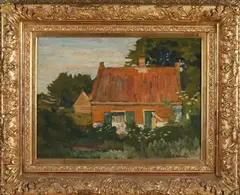 Johan Ernst Bäumer, Boerderij in zonnig landschap, Olieverf op linnen