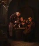 Otto Kirchner, Wijnkelder met monniken bij kaarslicht, Olieverf op paneel