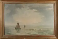 Evert Bomhof, Hollandse platbodems op zee, Olieverf op linnen