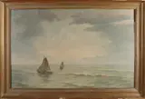 Evert Bomhof, Hollandse platbodems op zee, Olieverf op linnen