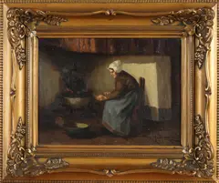 H. van Langen, Boerin bij haard, Olieverf op linnen