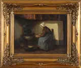 H. van Langen, Boerin bij haard, Olieverf op linnen