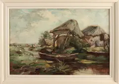Theo Goedvriend, Landschap met hooikapschuur en plaggenhut, Olieverf op paneel