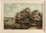 Theo Goedvriend, Landschap met hooikapschuur en plaggenhut, Olieverf op paneel