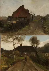 Twee maal ongesigneerd, Boerderij met werkende boer + boerderij met boerin, Olieverf op linnen