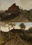 Twee maal ongesigneerd, Boerderij met werkende boer + boerderij met boerin, Olieverf op linnen