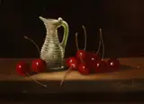 C. Cornelisz, Stilleven, miniatuurkan met kersen
