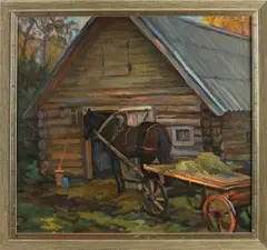 A. Sokolov, Paardenkar bij blokhut, 1992, Olieverf op linnen