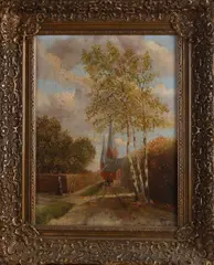Monogram Jan.Tibbe., Paardenwagen met boerenstel terug van kerk, Olieverf op paneel