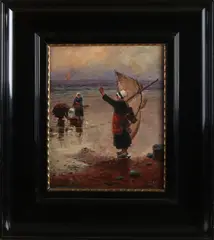 Monogram F.H., Schelpenvissers op strand, 1922, Olieverf op linnen