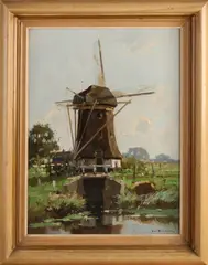 Henk Bellaard, Molen in landschap, Olieverf op paneel