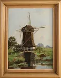 Henk Bellaard, Molen in landschap, Olieverf op paneel