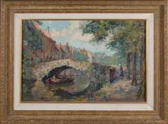Hendrik Schaap, Stadskanaal met figuur in boot, Olieverf op linnen