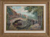Hendrik Schaap, Stadskanaal met figuur in boot, Olieverf op linnen