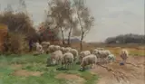 Willem Steelink, Herder met zijn schapen in landschap, Aquarel op papier