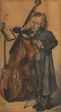 H. Meester, Oude man met cello, Aquarel op papier