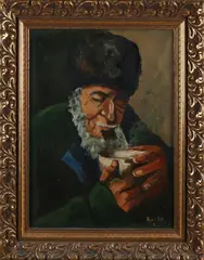 A. v.d. Poll, Man met warme drank, Olieverf op linnen