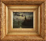 William James Müller, Kasteel en zeilboot in de nacht, Olieverf op paneel