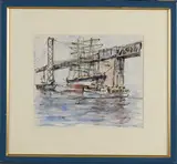 Jan Korthals, Brug met schepen, Aquarel op papier