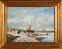 P. Renard, Strandgezicht met bomschuiten, Olieverf op paneel