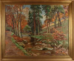 Bosgezicht met beek by en Onduidelijk gesigneerd, Olieverf op linnen, sold Oct 2020