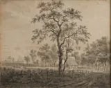 Gerrit Hendrik Göbell, Landschap met boerderij, Sepia op papier