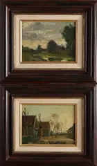 2x Landschap by 2x Ongesigneerd, Olieverf op linnen op paneel, sold Oct 2020