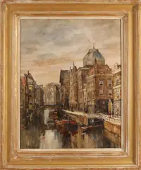 Herman Paradies, Gracht Rotterdam met vele figuren, Aquarel op papier